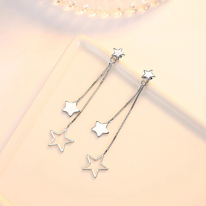 Genuine 925 Sterling Silver Jewelry Long Chains Star Drop Earrings For Lady New XY0026