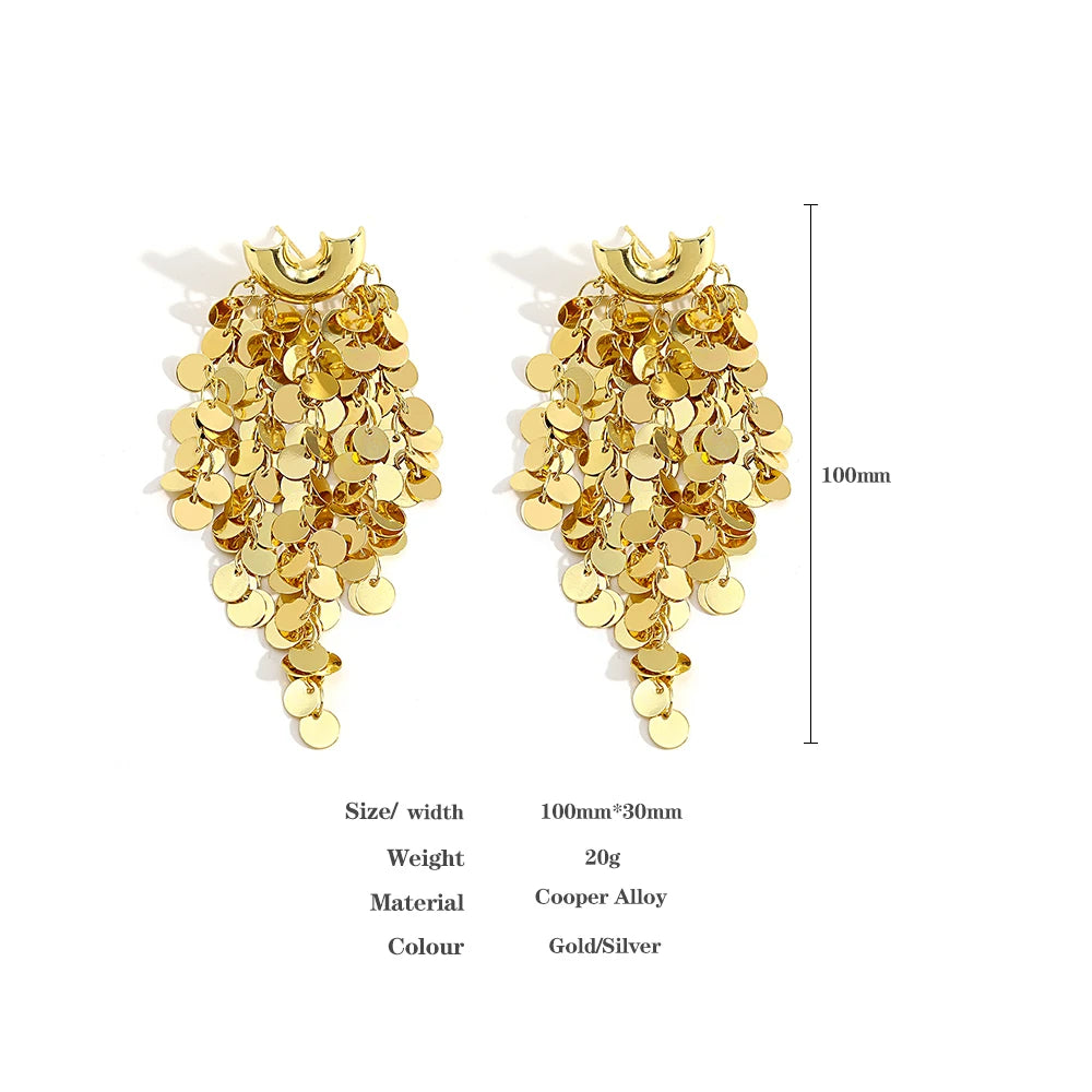 Freetry Shiny Sequins Long Tassel Earrings For Women Personality Multilayer Gold Color Copper Drop Earring Wedding Party Jewelry