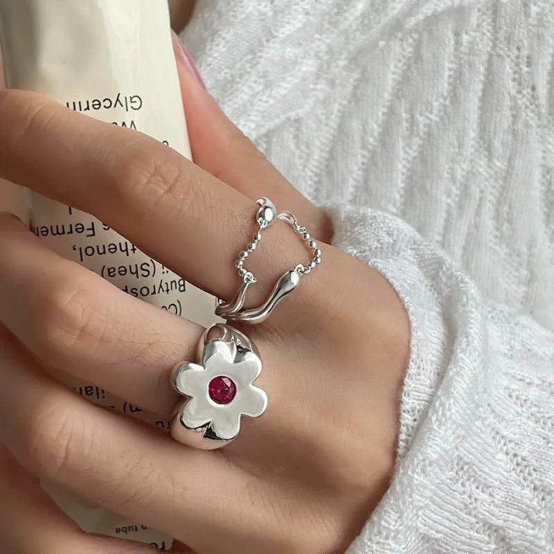 VENTFILLE 925 Sterling Silver Pink Zircon Flower Ring for Women Girl Gift Sweet Chain Double Layer Jewelry Gift Dropshipping