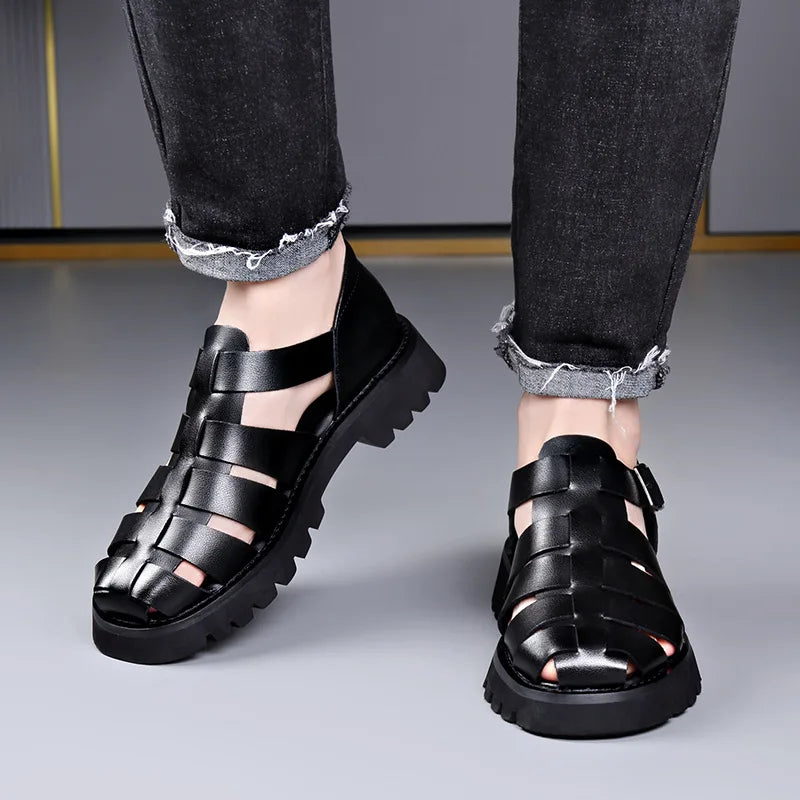 Summer Gladiator Sandals New Breathable Casual Men Genuine Leather Sandals Hollow Beach Shoes Men Black Sizes 38-48 Men sandals