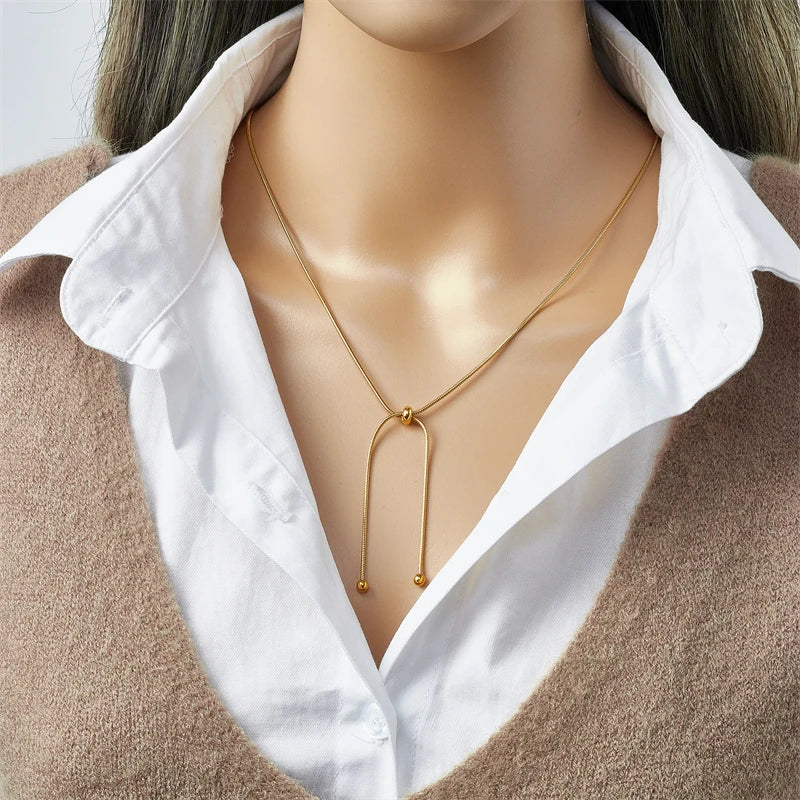 DIEYURO 316L Stainless Steel Gold Color Drawstring Necklace Bracelets For Women Girl Fashion Non-fading Chains Jewelry Set