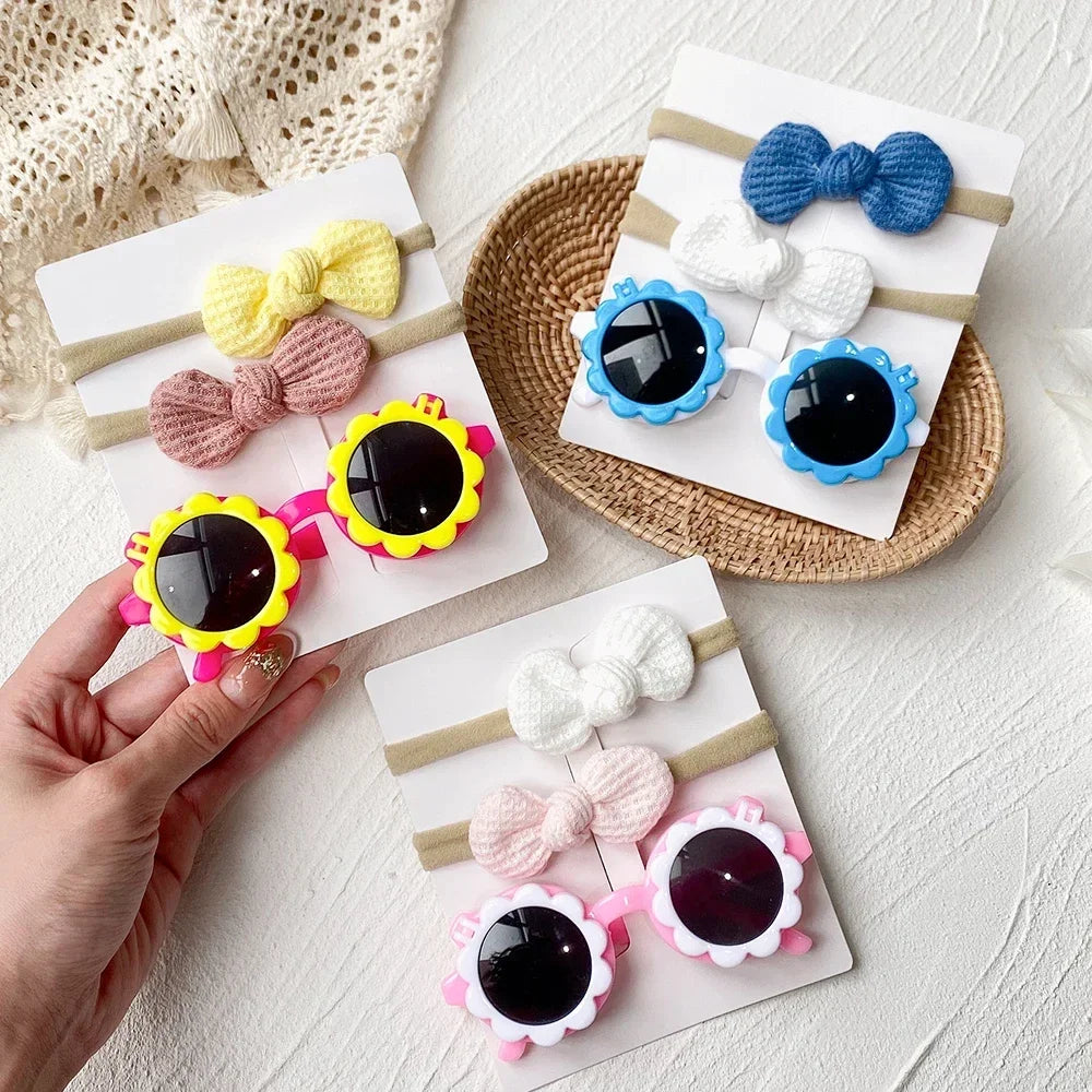 2Pcs/set Kids Summer Round Sunglasses Bows Headband Gift Sets Children Lovely Glasses Protection Hair Accessories for Girls