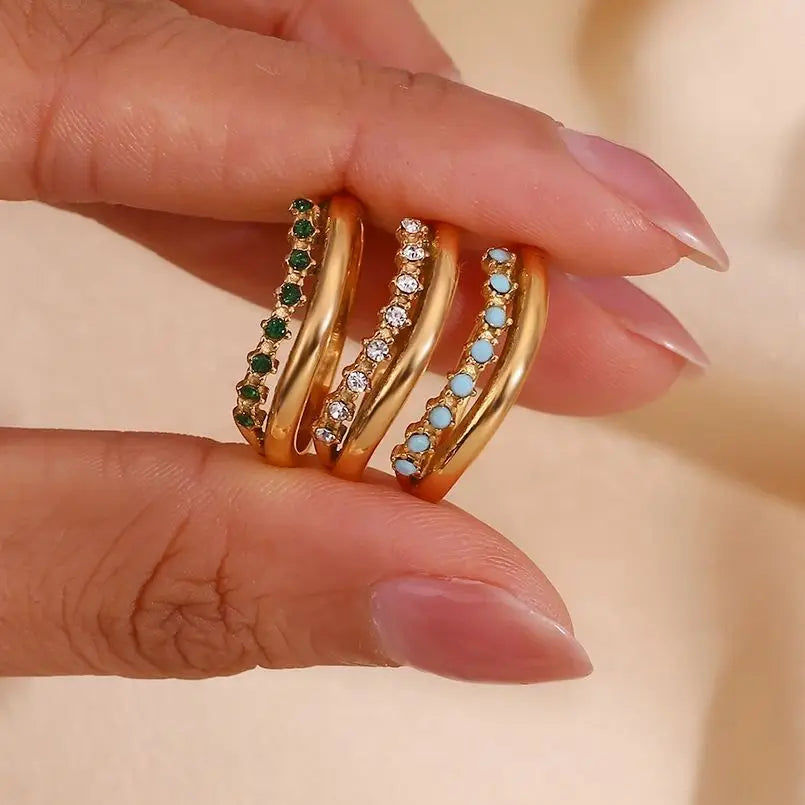 E.B.belle Stainless Steel Jewelry Trendy Micro Paved Rhinestone Multiple Layer Wedding Party Rings For Bridal Gold Plated Ring