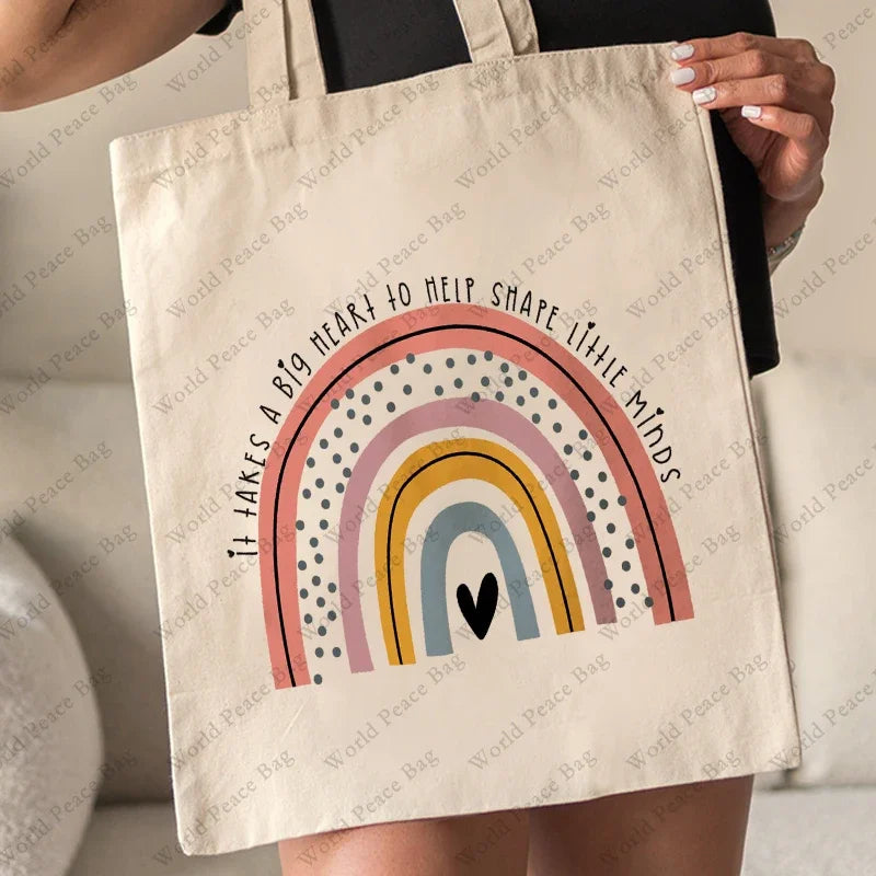 1 Pc It Takes A Big Heart To Shape Little Minds Rainbow Pattern Tote Bag Canvas Shoulder Bag Women's Reusable Shopping Bag