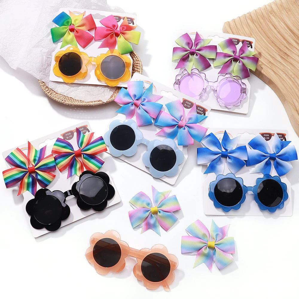 3Pcs/set Kids Cute Solid Dot Hairpin Colorful Heart Sun Glasses Set Girls Boutique Bowknot Hair Clips Children Hair Accessories