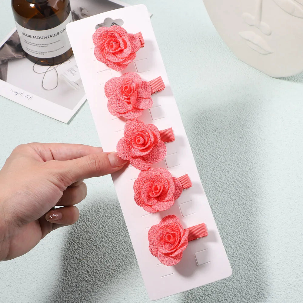 5Pcs/Set Solid Color Sweet Camellia Hair Clips For Kids Girls Flower Hairpins Covered Safety Clips Headwear Hair Accessories
