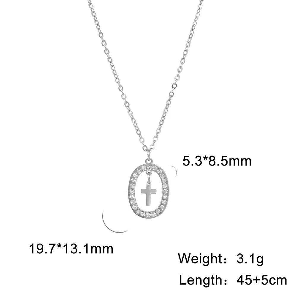 HIPEE Luxury Rhinestone Oval Pendant Necklace For Women Stainless Steel Cross Pendant Necklaces for Female Wedding Jewelry Gifts