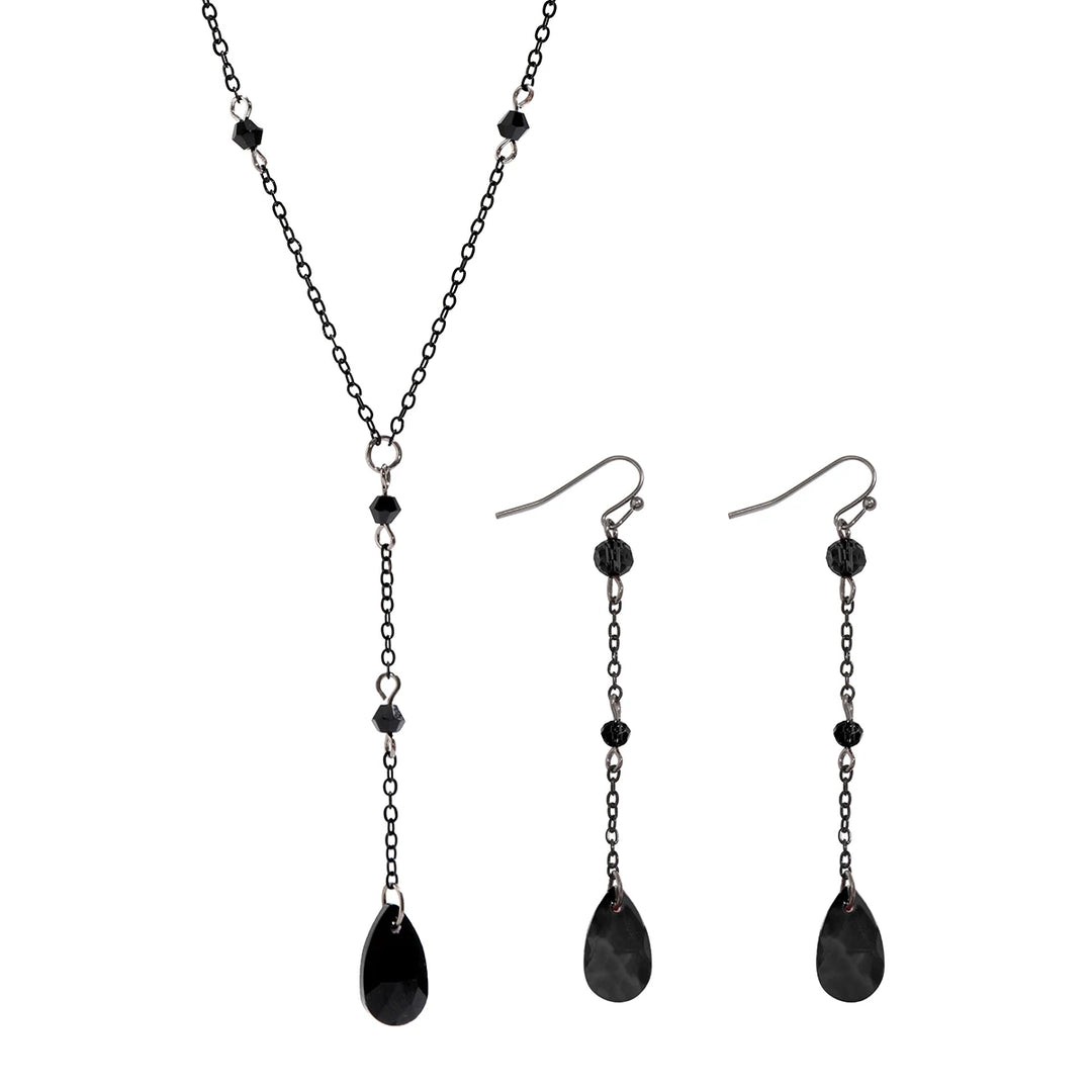 KunJoe Gothic Black Crystal Pendant Earrings Necklace Set for Women Vintage Punk Metal Chain Jewelry Set Party Gifts