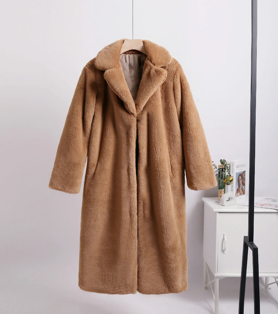 2023 Winter Women High Quality Faux Rabbit Luxury Long Fur Coat Lapel OverCoat Thick Warm Female Plush Jacket Large Size 5XL