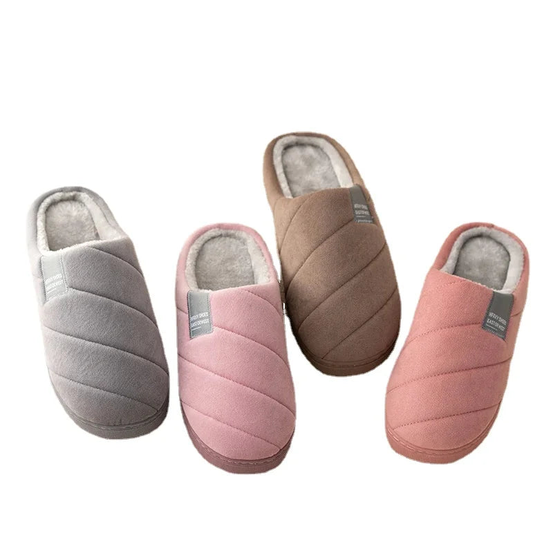 Large Size Men'S Cotton Shones Winter Casual Warm Plush Women Men Special Indoor Slippers Couples Non-Slip Stripe Slide Slipper