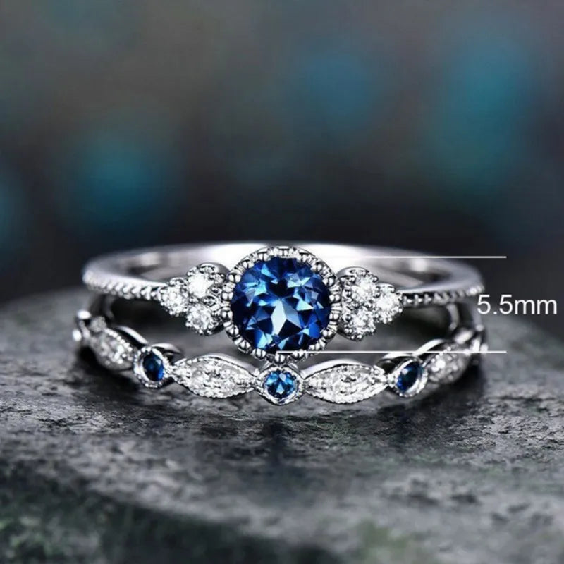 2Pcs/Set Classic Silver Color Ring Green Blue Round Cut Created Birthstone Delicate Slim Ring for Women Bride Wedding Jewlery