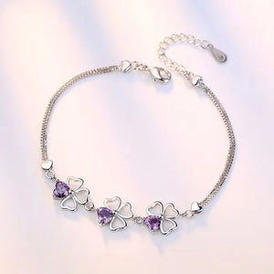 Hot luxury designer 925 Sterling Silver Purple crystal Lucky Clover Bracelets for women fashion party wedding Jewelry 17CM+4CM