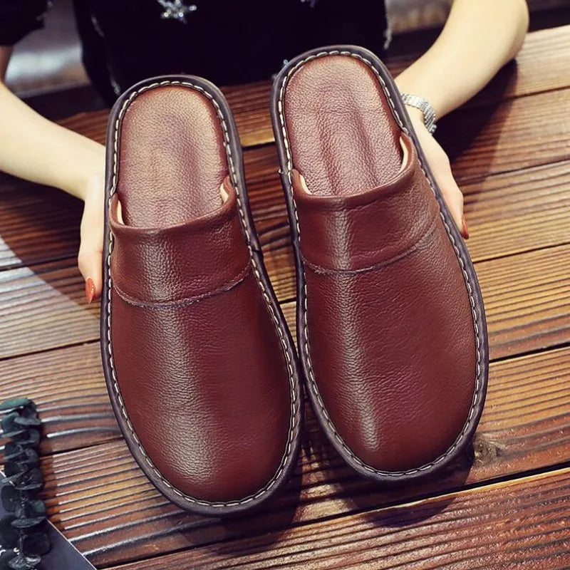 Spring Autumn Indoor Shoes Men's Woman Slippers Plus Size 35 46 Man Concise  brown Simple Leather Home Slippers For Men