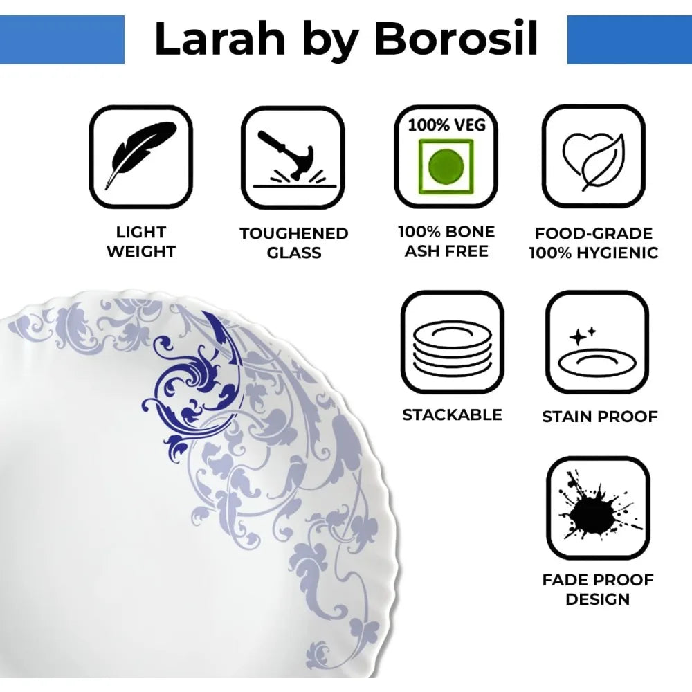 Borosil Gourmet Dinnerware Set For 6, 35 Pieces, White Dinner Plates and Bowls Sets, Chip Resistant Tempered Opal Glass, Stain