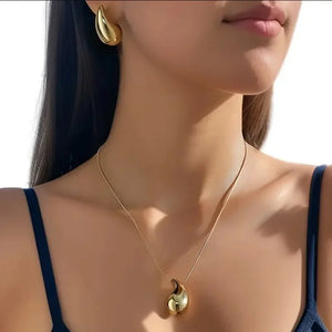 New Gold Color Stainless Steel Necklace For Women Jewelry Metal Vintage Waterdrop Pendant Earrings Necklace Set Birthday Gift