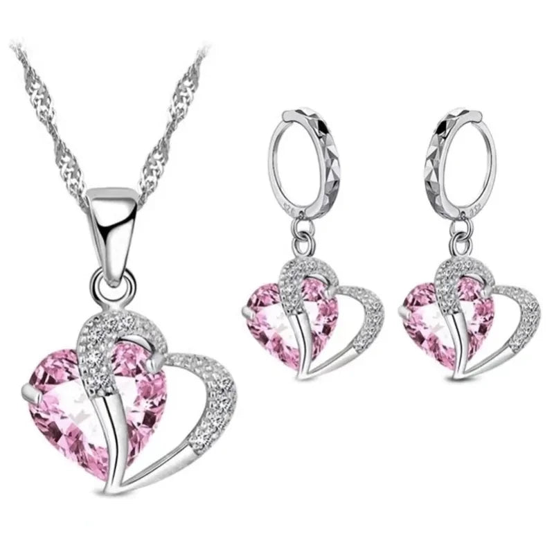 Luxury Women 925 Sterling Silver Cubic Zircon Necklace Pendant Earrings Sets Cartilage Piercing Jewelry Wedding Heart Design