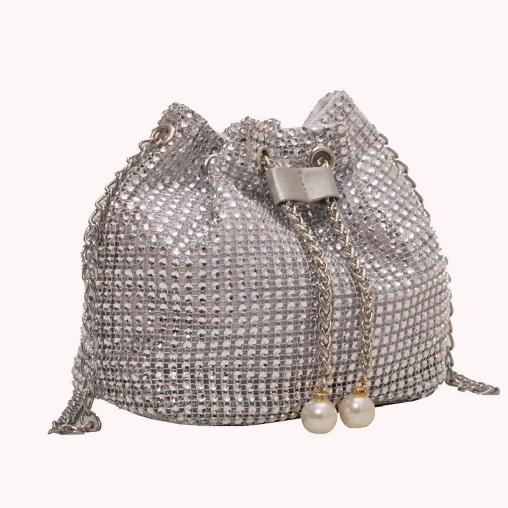 Women Luxury Shoulder Bag Solid Color Rhinestone Glittering Satchel Bag Drawstring Bling Bucket Bag Dinner Party Bag