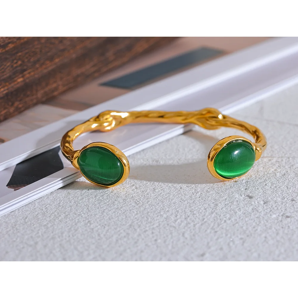 Yhpup Green Natural Stone Stainless Steel Gold Color Cuff Bracelet Bangle Women High Quality Textured Stylish Statement Jewelry