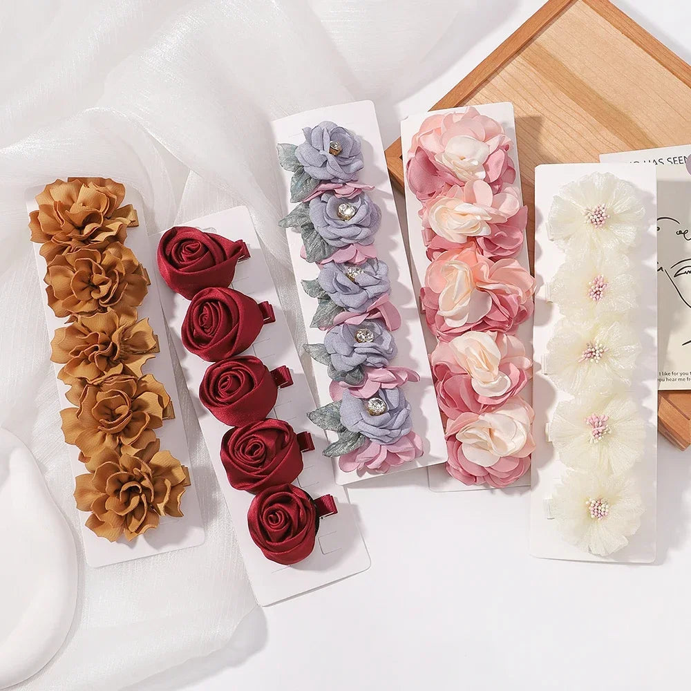 5/3Pcs Children Handmade Chiffon Petals Poppy Flower Hair Clips Rolled Rose Fabric Hair Flowers for Kids Girls Hair Accessories