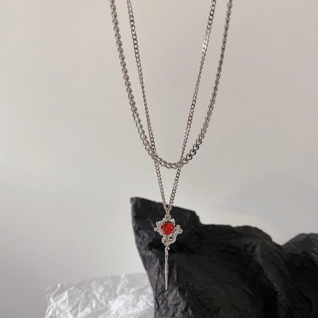 Double Layer Red Zircon Rose Pendant Necklaces Y2K Layered Flower Stone Chain Necklace Irregular Floral Aesthetic Jewelry Gifts