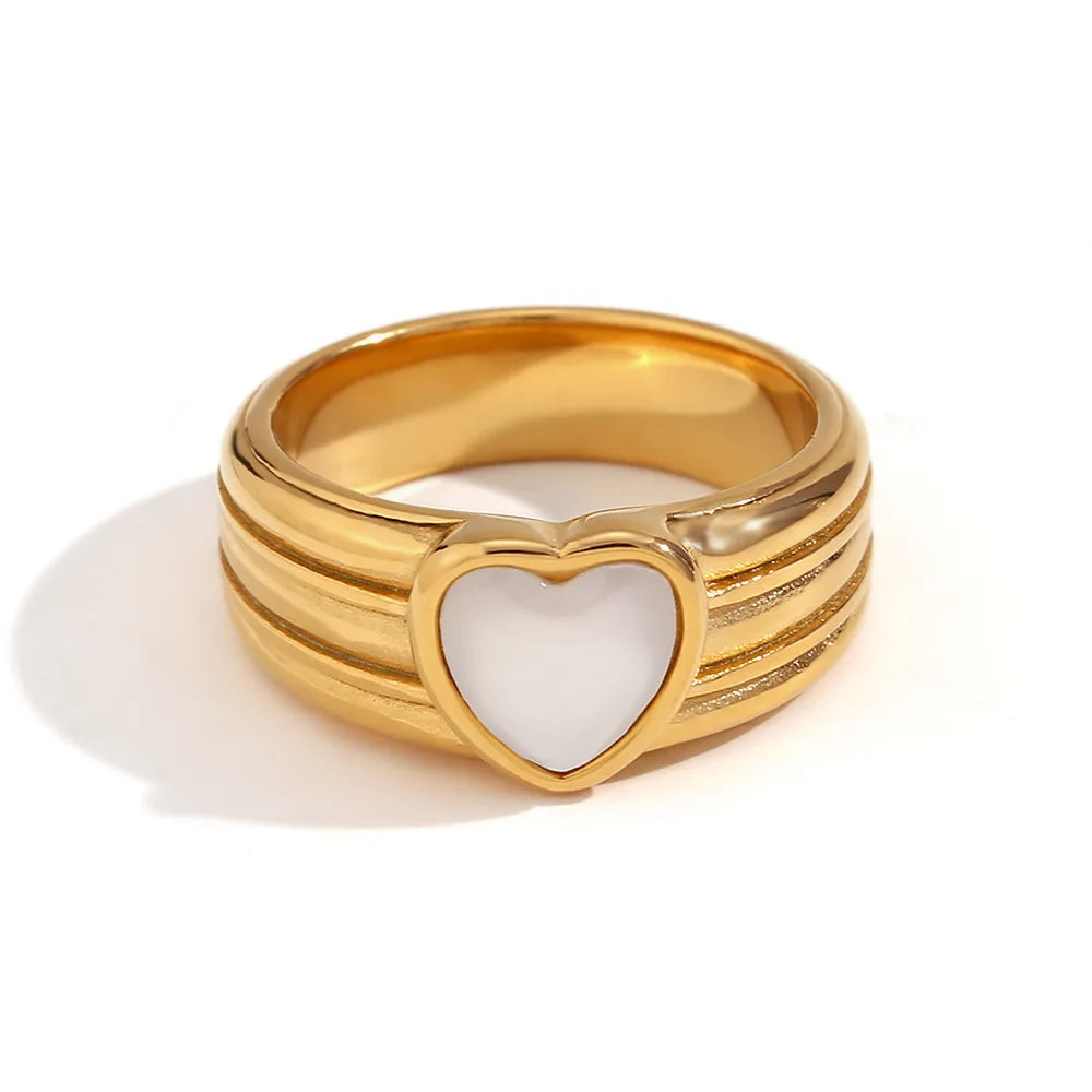 Golden Striped Shell Heart Stainless Steel Ring Waterproof Fashion Texture Unusual Stain Less Textured Jewelry