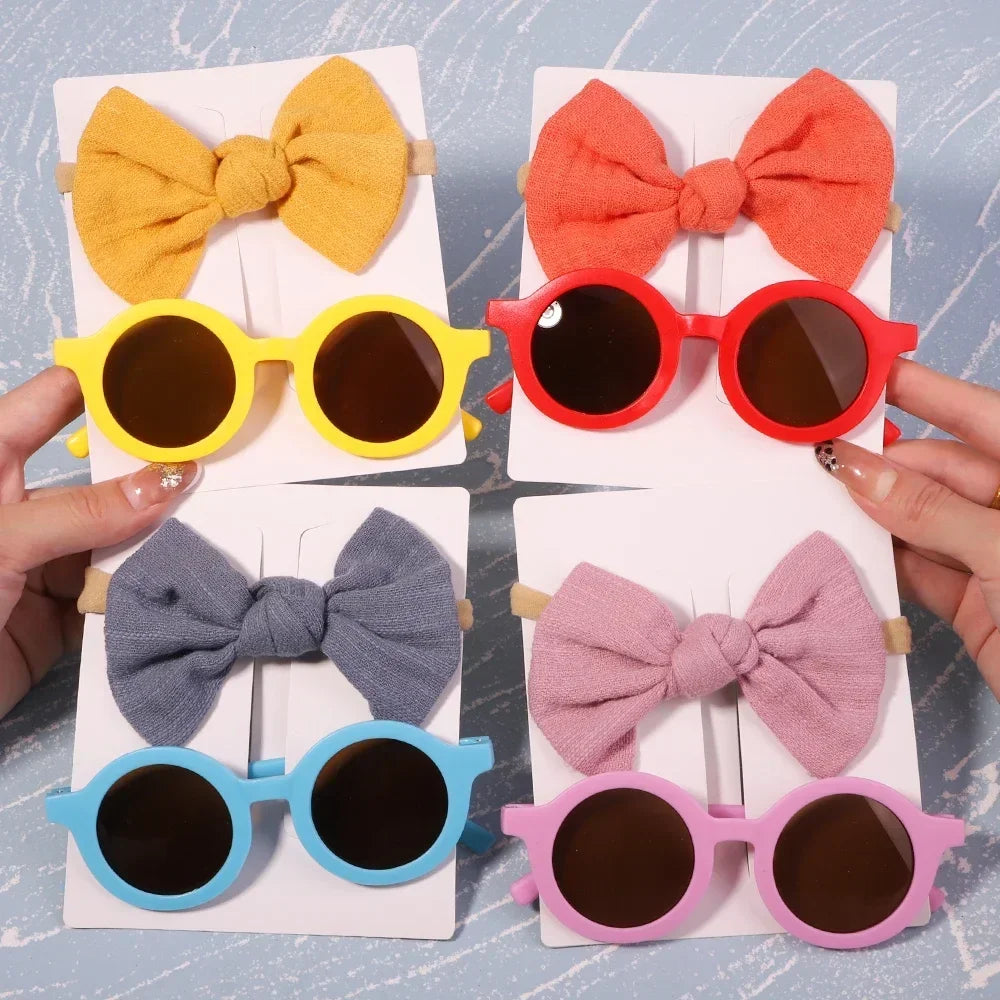 2Pcs/set Kids Summer Round Sunglasses Bows Headband Gift Sets Children Lovely Glasses Protection Hair Accessories for Girls