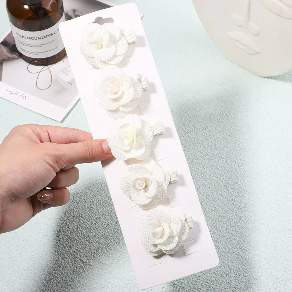 5Pcs/Set Solid Color Sweet Camellia Hair Clips For Kids Girls Flower Hairpins Covered Safety Clips Headwear Hair Accessories