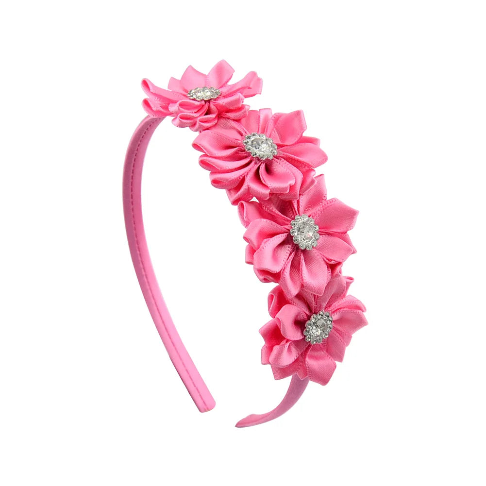 1PC Cute Hairband Kids Princess Headwear Boutique Triple Satin Flowers with Zircon Hair Accessories Head Hoop for Girls Headband