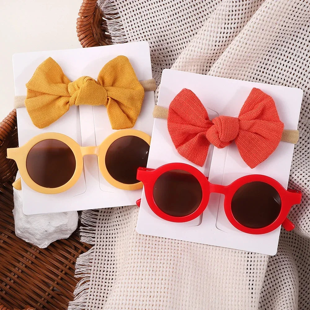 2Pcs/set Kids Summer Round Sunglasses Bows Headband Gift Sets Children Lovely Glasses Protection Hair Accessories for Girls