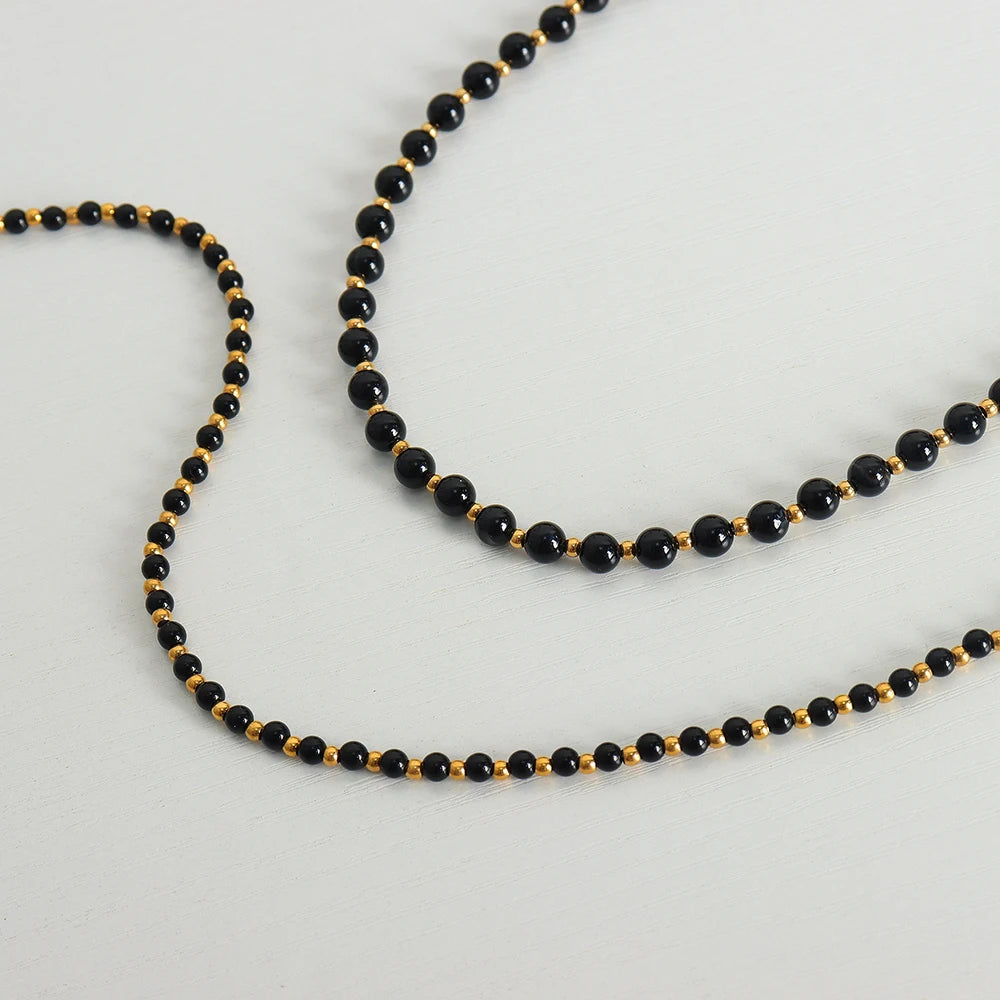 Black Agate Necklace Women Round Bead Chain Gothic Style Accessories Ot Buckle Gold Plated Jewelry Couple Gift