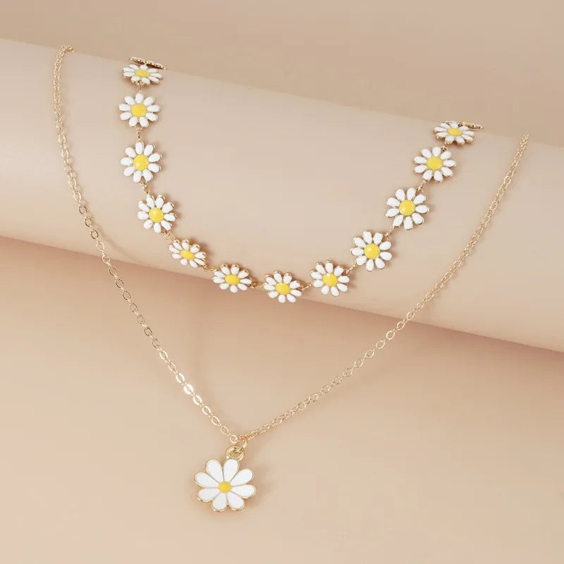 Double Daisy Floral Pendant Necklace for Women Stainless Steel Flower Clavicle Chain Party Wedding Jewelry Accessories Gifts