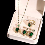 Load image into Gallery viewer, Luxury Emerald Color Earring Necklace Rings Set For Woman Stainless Steel Zircon Rectangle Pendant Necklace Party Jewelry Gift
