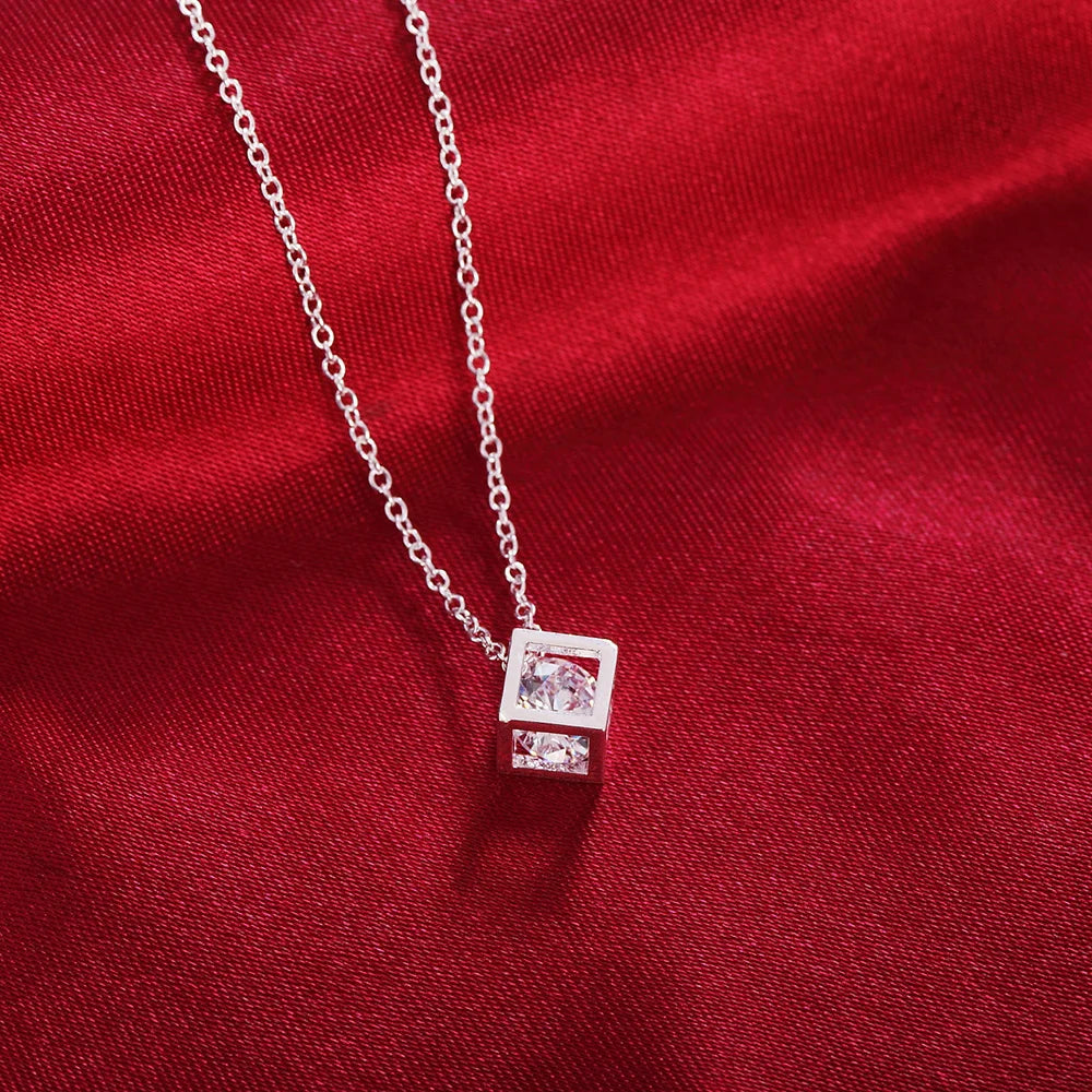 Hot 925 Sterling Silver Earrings Fine Crystal Lattice Pendant Necklace for Woman Jewelry Sets Fashion Party Wedding Gifts