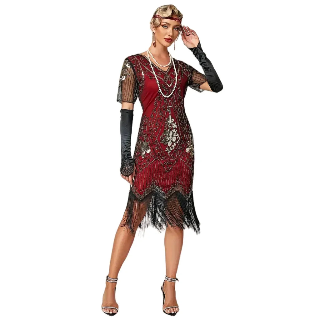 Women's Flapper Dresses 1920s Sequins Art Deco Gatsby Cocktail Dress with Sleeve Sexy V-neck Fringe Fancy Dress