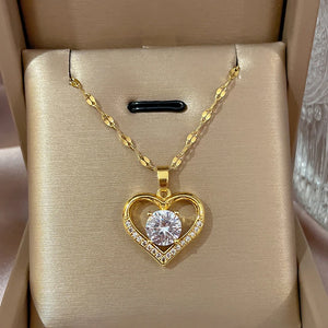 Luxury Shiny Zircon Crystal Heart Pendant Stainless Steel Necklace For Women Korean Fashion Female Wedding Jewelry Neck Chain