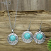 1Set Vintage National Imitation Turquoise Women's Earring Necklace Set Antique Silver Alloy Green Earring Necklace