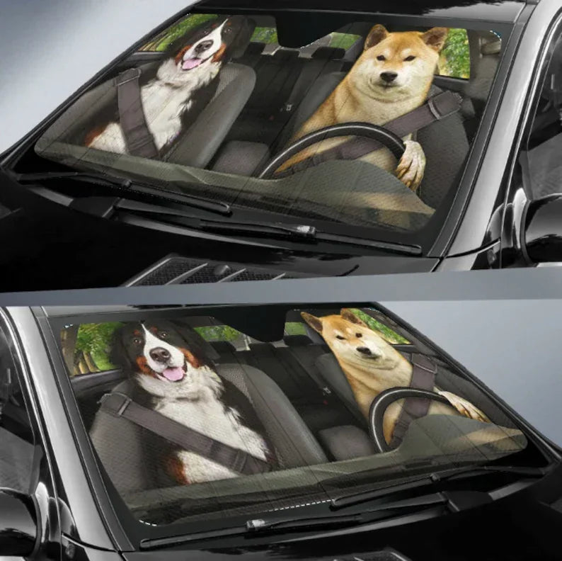 Dogs 2 Auto Sun Shade, Dog Design, Car Sun Shade, Car Decor, Custom Print, Car Accessories, Puppy, Pets, Pet Lovers, Dog Mom, Do