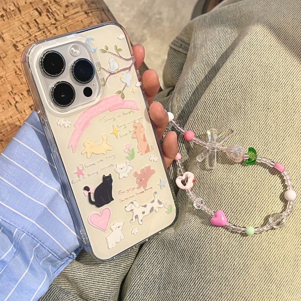 Imd cute animal dog cat bird happy shockproof phone case bracelet cover for iphone 11 12 13 promax 14 15 pro max capa shell