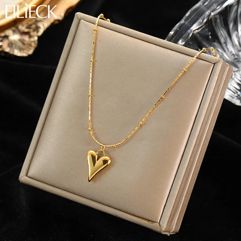 EILIECK 316L Stainless Steel Heart Pendant Chain Necklace for Women Stylish Trend Girls Neck Choker Jewelry Gifts Waterproof