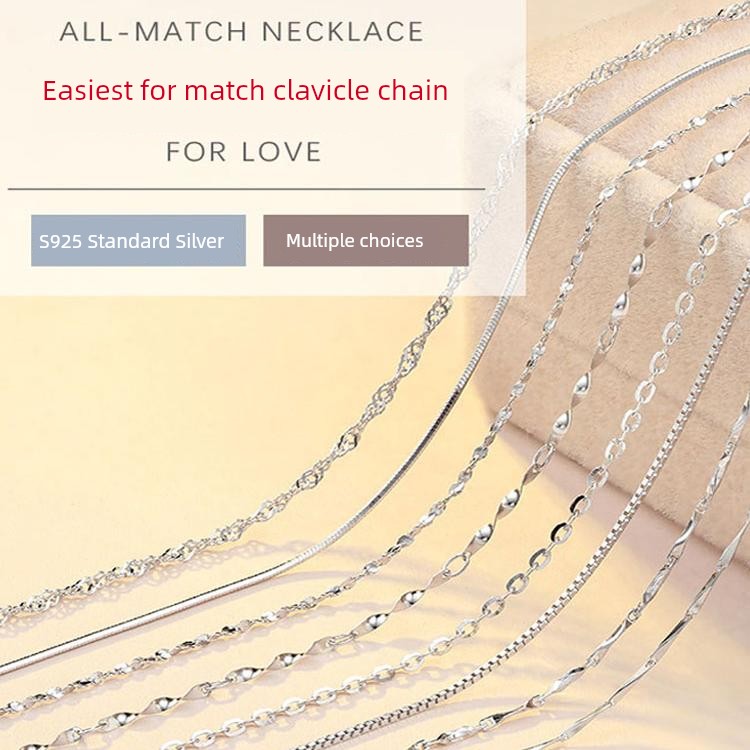 S925 Sterling Silver Necklace Female Clavicle Chain Thin Chain Pure Necklace Choker Snake Bones Chain without Pendants Silver Chain 2024 New Arrival Female