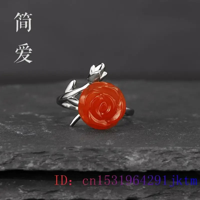 Jade Rose Rings Jewelry Chinese Women 925 Silver Amulet Natural Stone Fashion Gemstones Adjustable Ring Charms Gifts Jadeite