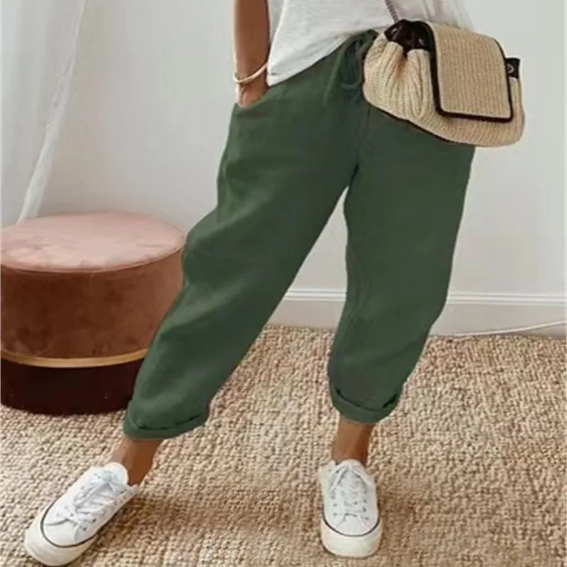 Women Cotton Linen Pants Summer New Loose Trousers Female Vintage Ankle-Length Wide Leg Trousers Fashion Office Ladies Bottom