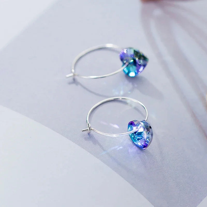 Anglang Heart Gradient Blue Purple Crystal 925 Sterling Silver Hoop Earrings for Women Female Trendy Party Fine Jewelry YEA365