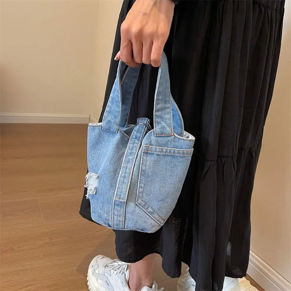 New Denim Bucket Bags Ladies Handbags Fashion Casual Sweet Cool Shoulder Bag for Women Phone Pockets