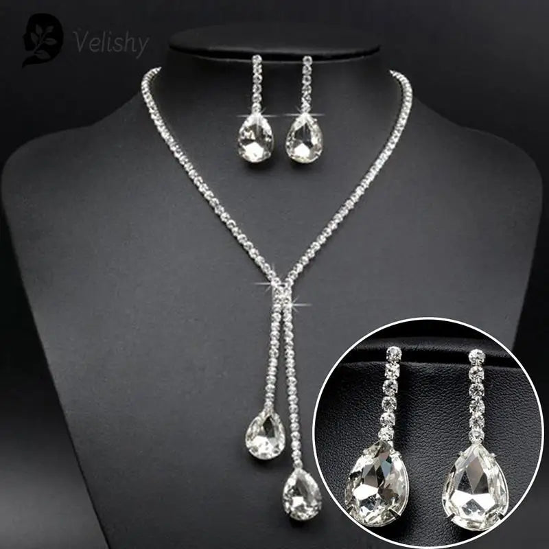 Wedding Luxury Water Drop Crystal Rhinestone Necklace Earrings Jewelry Set