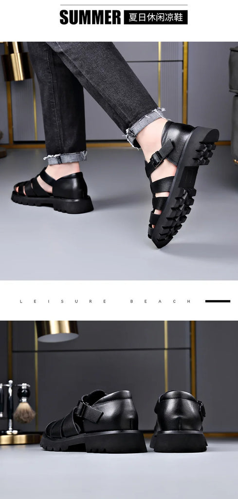 Summer Gladiator Sandals New Breathable Casual Men Genuine Leather Sandals Hollow Beach Shoes Men Black Sizes 38-48 Men sandals