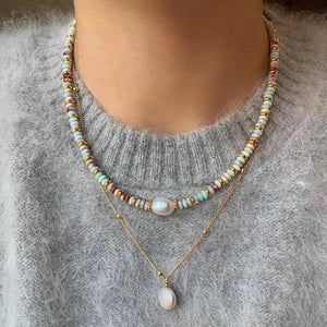 Retro Handmade Woven Natural Stone Beadeds Chain Pearl Pendant Necklace Bracelet Accessories for Women Fashion Jewelry Set Gifts
