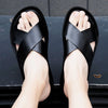 2023 Fashion Men Real Leather Slippers Summer New Black White/red/yellow Cross Over Slippers Men's Leisure Comfort Flat Sandals