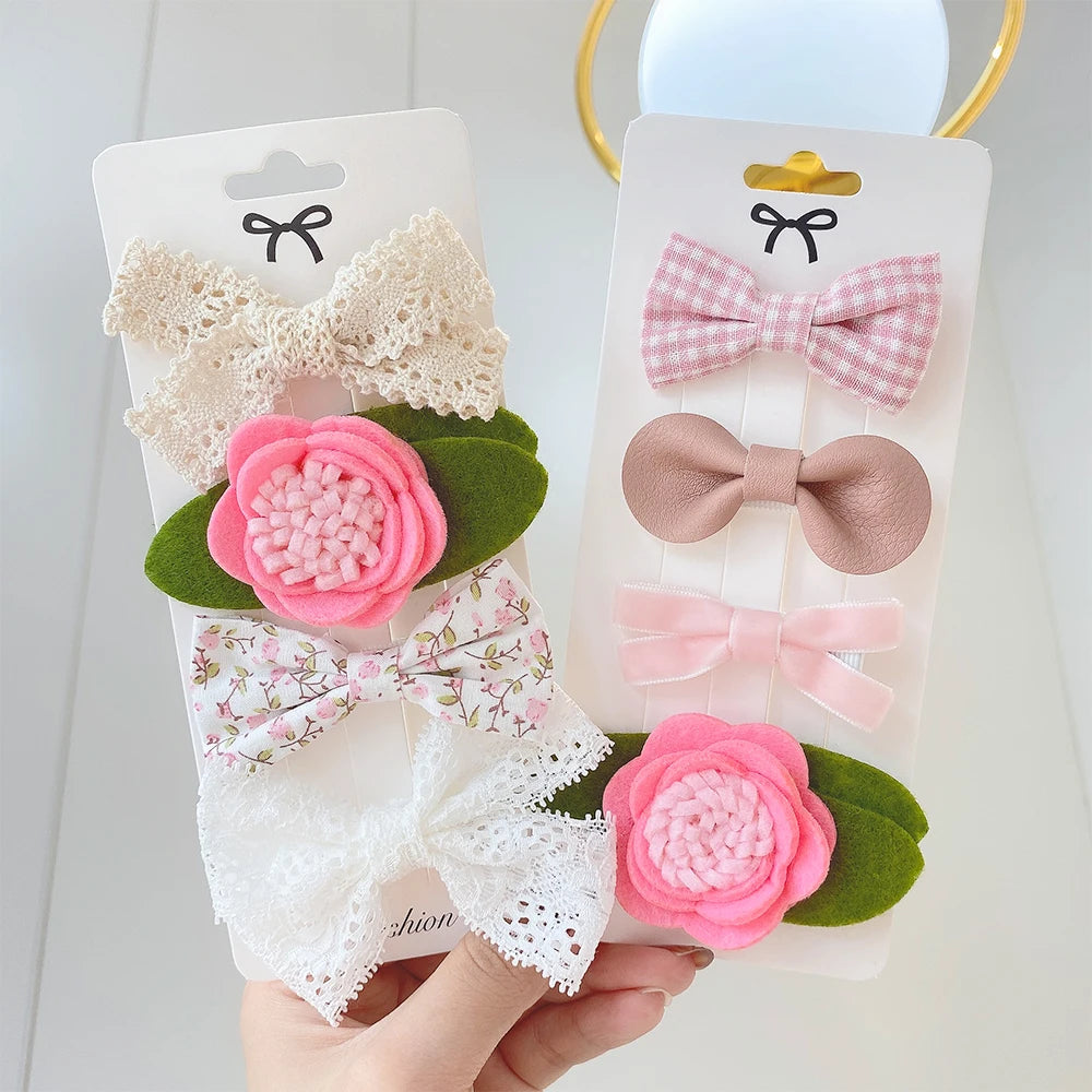 4Pcs/Set Sweet Lace Printed Bowknot Hair Clips For Cute Girls Handmade Hairpin Boutique Barrettes Headwear Kids Hair Accessories