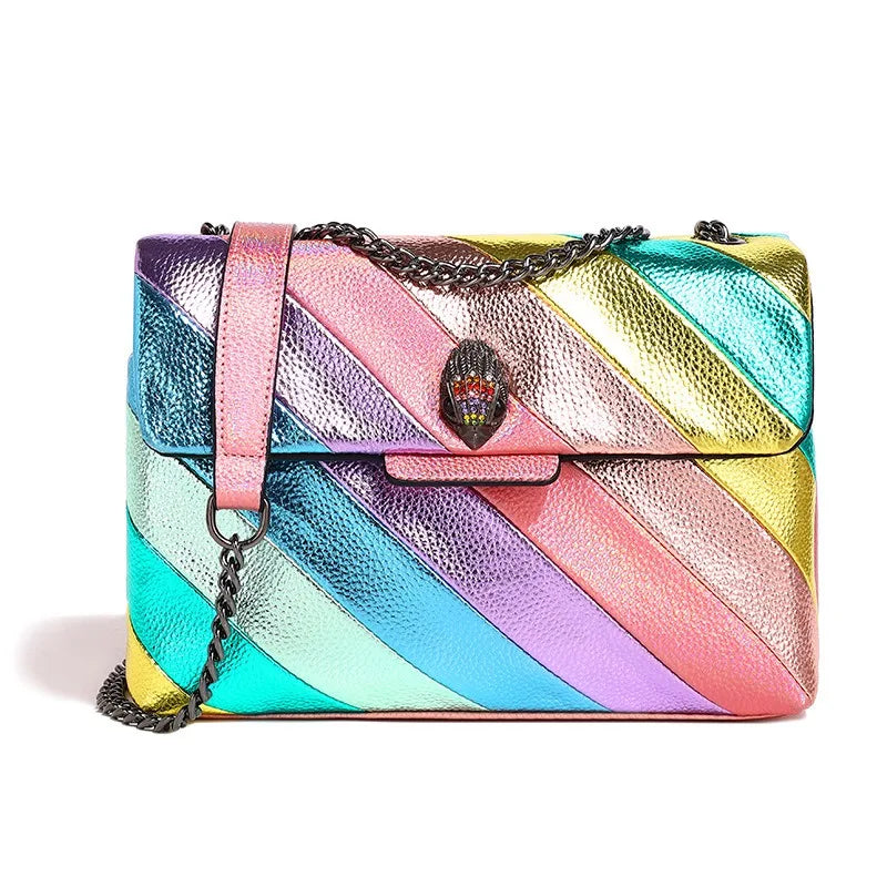 Kurt Geiger Women's Chain Shoulder Crossbody Bag Luxury Designer Handbag 2024 New Fashion Stitching Rainbow Color Leather Wallet